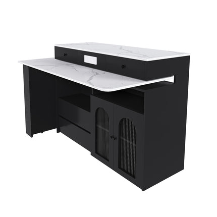 Retro Kitchen Island with Extendable Rotating Table, Black Marble Veneer on MDF, 4 Drawers & Glass Door Cabinets, Built-in Socket, Fits 2-4 People