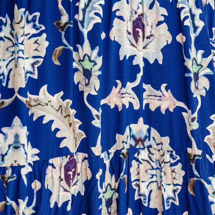 Blue Wild Floral Print Frilled Collar Half Sleeve Long Dress