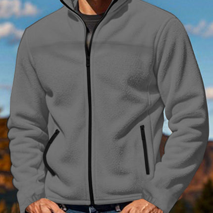 Men's Polar Fleece Jacket Outdoor Zipped Stand Collar Coat