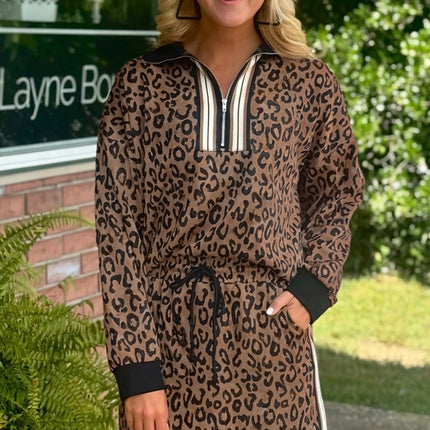 Khaki Leopard Print Quarter Zip Long Sleeve Top Mini Skirt Set