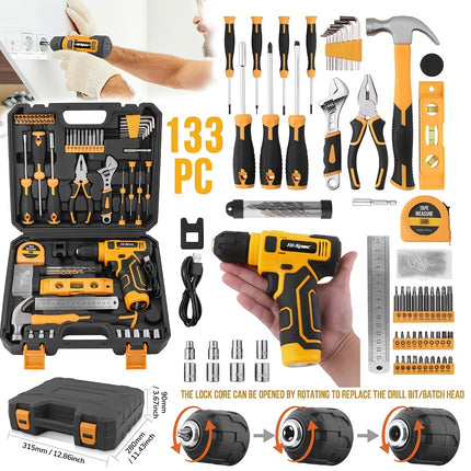Hi-Spec Yellow 133pcs 8V Power Tool Set USB-Charged Handheld Electric Screwdriver, Tape Measure,