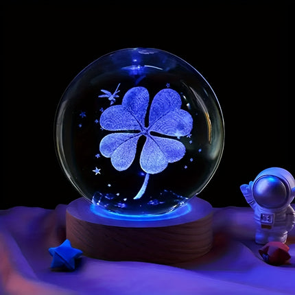 A Crystal Ball with 7 Colors, a Four-Leaf Clover Night Light Warm Glow, USB Powered with a Wooden Base