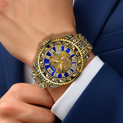 1pc Men'S Black Blue Steel Strip Retro Style Noble Ancient Roman Gear Carving Tourbillon Mechanical Watch