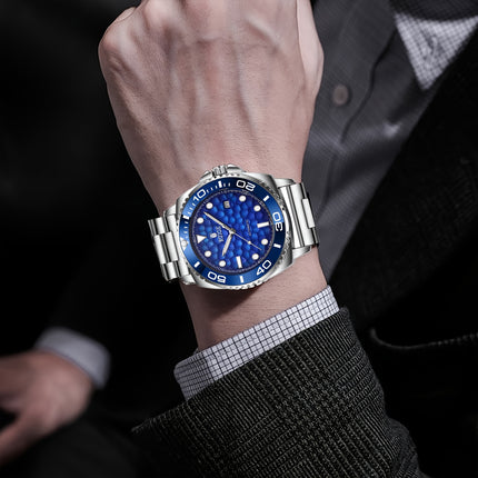 Men's Luxury Automatic Mechanical Watch with Date Chronograph - Stainless Steel Blue Dial Dress Watch,