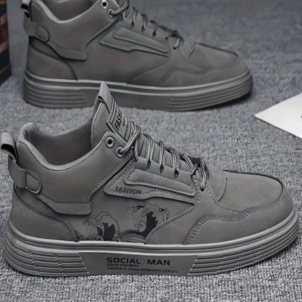 Men's High-Top Casual Sneakers - Solid Color Lace-Up Boots with PU Upper,