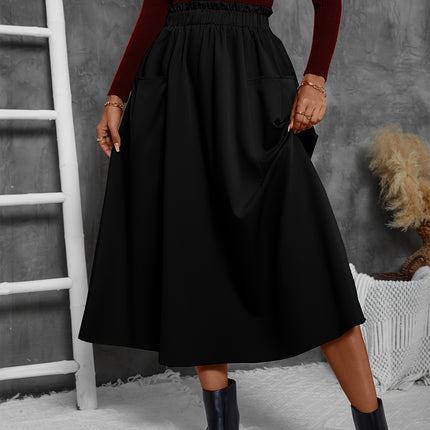 Solid Ruffle Hem Skirt, Elegant Patched Pocket Elastic Waist Loose Midi Skirt For Fall & Winter, Women's Clothing