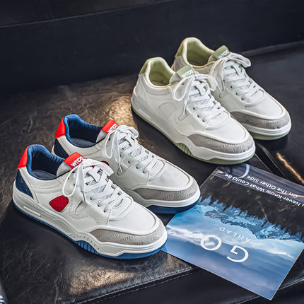Men's All-Season Sneakers - White & Turquoise Accent Lace-Up Shoes, Non-Slip Rubber Sole,