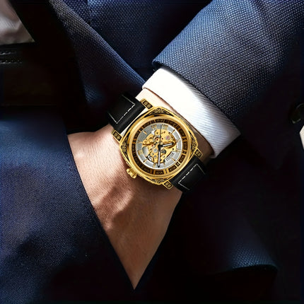Men'S Luxury Vintage Automatic Mechanical Watch with Golden Hollow Carved Skeleton Dial,
