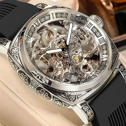 1pc Teen Men'S Yellow Black PU Belt Retro Style Noble Carved Hollow Tourbillon Mechanical Watch,