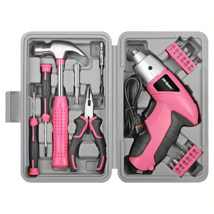Hi-Spec Pink 3.6v Electric Screwdriver + Hand Tool Set Compact Handheld, Includes Hammer, Pliers,