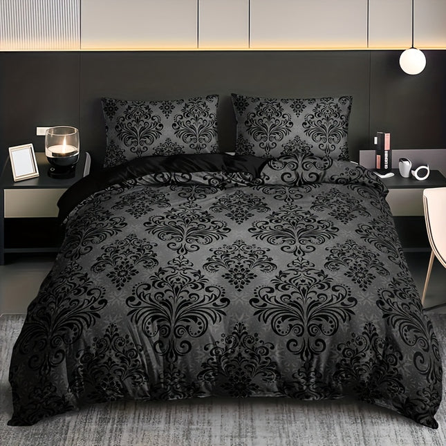 3-Piece Floral Duvet Cover Set - Black and Grey Pattern, 100% Polyester,