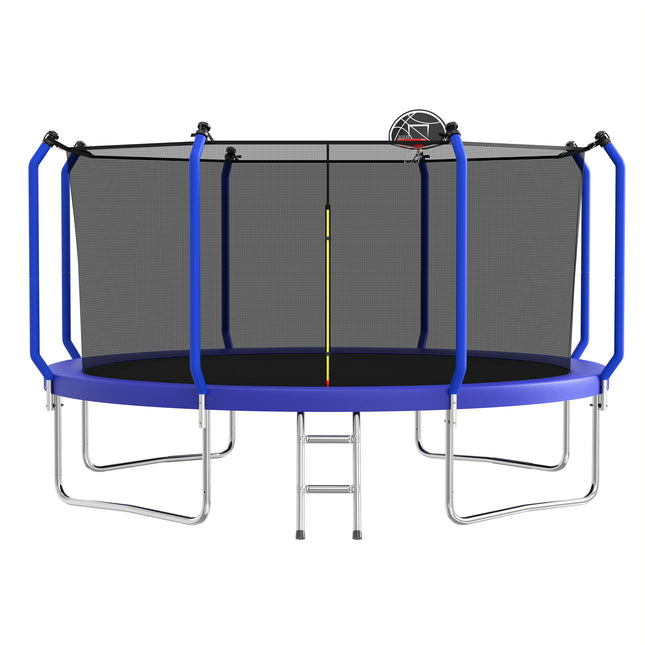 14FT Trampoline with Basketball Hoop, ASTM Approved Reinforced Type Outdoor Trampoline with Enclosure Net