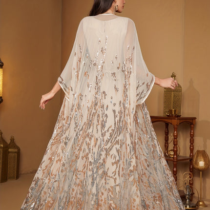 Elegant Directional Non-Positioning Floral Long-Sleeve Sequin Patchwork Dress with a Belt That Can Be Worn