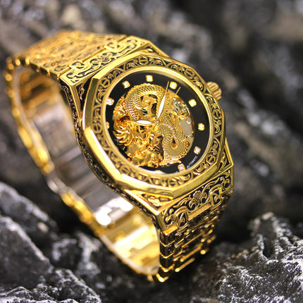 1pc Men'S Yellow Black Steel Strip Retro Style Classic Carved Dragon Pattern