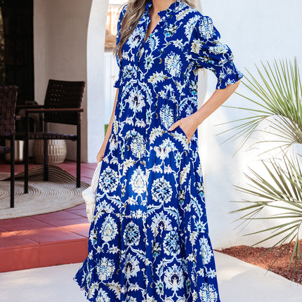 Blue Wild Floral Print Frilled Collar Half Sleeve Long Dress