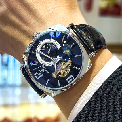 Elegant Men's Mechanical Watch - Retro Square Dial, Skeleton Design, Alloy Case