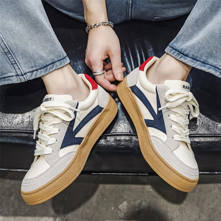 Men'S Retro Skate Sneakers - Low-Top Breathable Canvas Shoes with White Laces & Navy Blue/Red Accent