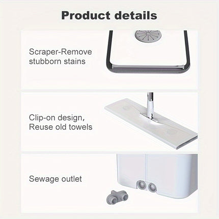 1set Stainless Steel Flat Floor Mop and Bucket Set with Microfiber Mop Head, Plastic Mop