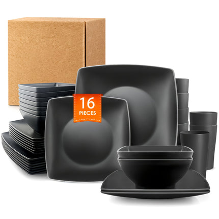 16pcs Plastic Cutlery Set - Featuring a Classic Square Lightweight Design, Includes Dinner Plates