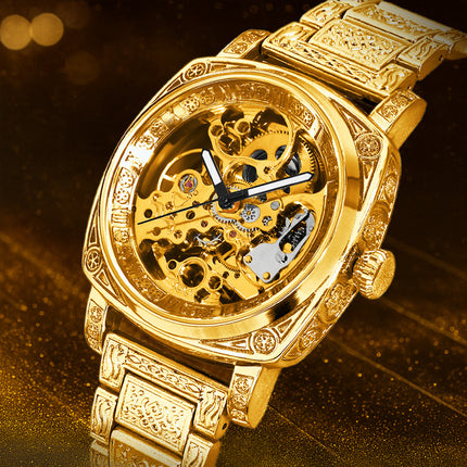 1pc Men's yellow steel strip business style versatile finely carved Roman fully automatic mechanical watch