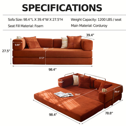 Sofa Bed | Convertible Floor Boneless Couch with Comfy Pillow, Modular Modern Corduroy Sofa