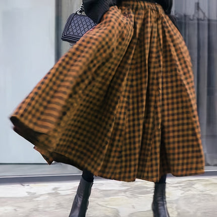 French Vintage A-Line Skirt - High-Waisted Long Maxi Skirt with Checkered (for houndstooth) Skirt,