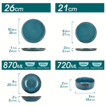 16pcs Dining Set Featuring Blue Stoneware with a Double-Sided Reactive Glaze Design