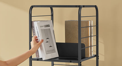 4-Tier Bookshelf, Rotating Bookcase with Bookends for Small Spaces, Corner Shelf, Steel Frame