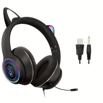 AUX 3.5Mm Cat Ear Gaming Headphones with LED Light, Noise-Cancelling Stereo On-Ear Headphones,