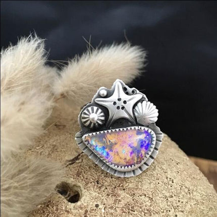 Star-shaped Retro Irregular Colored-stone Alloy Ring