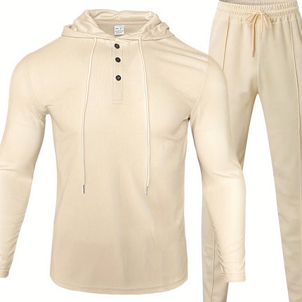 Men's Casual Sportswear Set - Hooded Long Sleeve Top & Joggers with Drawstring, Polyester Blend, Perfect for Spring/Fall Outdoor Activities
