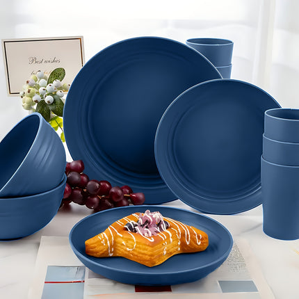 Blue Dinnerware Set for 4 People, Consisting of Plates, Bowls, And Cups, Microwave-Safe And Dishwasher