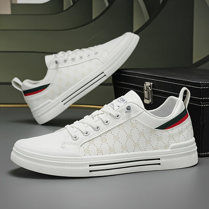 Stylish White Skate Sneakers with Red & Green Striped Pattern – Comfortable, Durable,