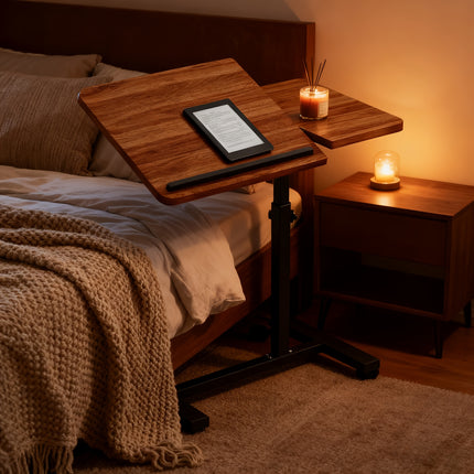 Mobile Bedside Table with Hidden Wheels; Adjustable Height Flip-Style Bedside Table