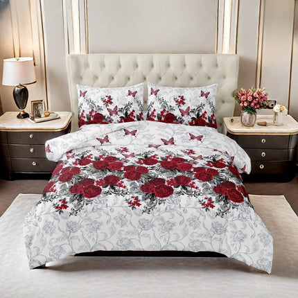 3pcs Red Small Butterfly Rose Romantic Flower Cluster Down Duvet Cover Three-Piece Set, Bedding Sets