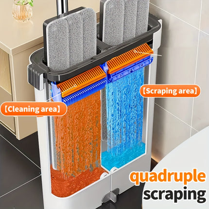Mop and Bucket Set, Stainless Steel & Plastic, Manual, No Electricity Needed, with Wet and Dry Flat Mops