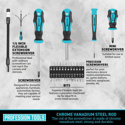 A 43pcs Magnetic Screwdriver Set, Including Slotted, Phillips, Hex, Star, And Precision Screwdrivers,