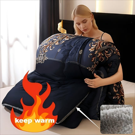 1pc Luxury Fleece Bedspread - Deep Navy Blue & Golden Floral Print, All-Season Soft Warmth