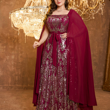 Plus Size Sequin Square Neck Maxi Dress with Belt - Long Sleeve Elegant Evening Gown,