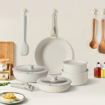 12pcs Cookware Sets White Granite Kitchen Accessories, Nonstick Pots And Pans Set,