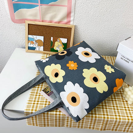 Dark Grey Flower Canvas Tote Bag