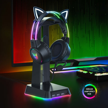 Detachable Cat Ear Gaming Headset Compatible for PC, Wired RGB Headphones with Cancelling Mic,