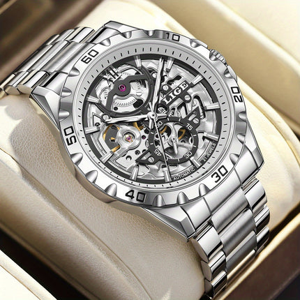 Men'S Mechanical Watch - Elegant Hollow Dial with Stainless Steel Strap,