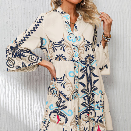 White Printed Tribal Bracelet Sleeve Buttoned Mini Dress