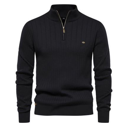 Men's Stand Collar Sweater Fashion Half-zipper Solid Color Striped Knit Sweate