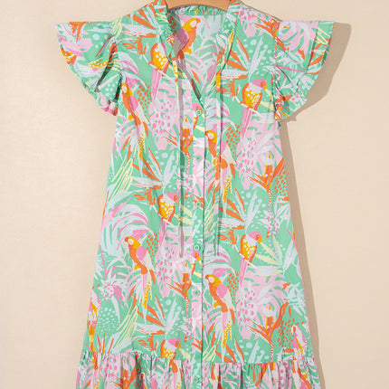 Green Abstract Floral Ruffle Trim Flutter Sleeve Buttoned Dress