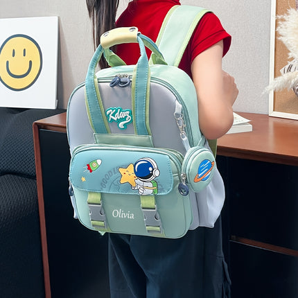 Customizable name, cute cartoon bunny/ astronaut design backpack with detachable small wallet