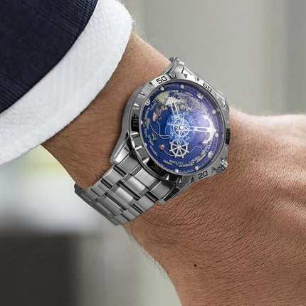 Men's Automatic Mechanical Watch - Navy Blue Dial with Golden Hands, Compass Rose Steering Wheel
