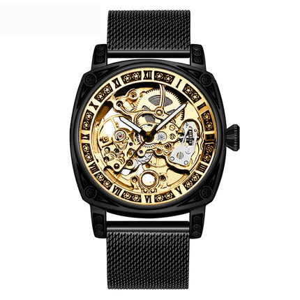 1pc Men'S Yellow Black Mesh Strap Simple Style Novel Carving Fully Automatic Tourbillon Hollow