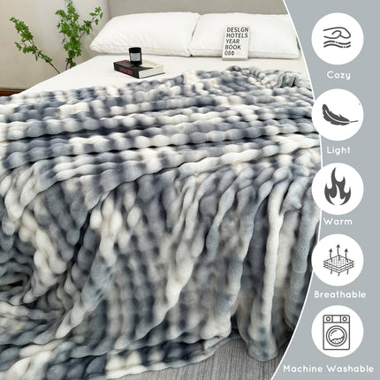 Super Soft Bubble Faux Rabbit Fur Blanket, Machine Washable, All-Season, Heavyweight Winter Blanket